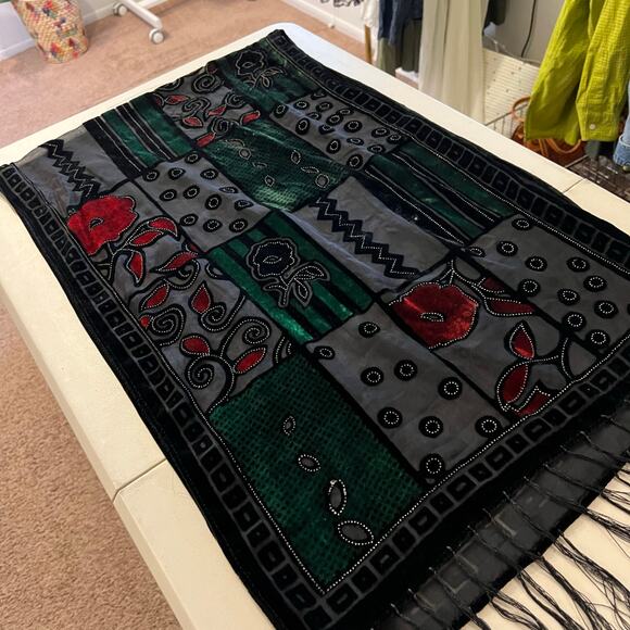 Whimsygoth Red Green Velvet Semi Sheer Fringe Trim Floral Wrap Scarf - Picture 6 of 10